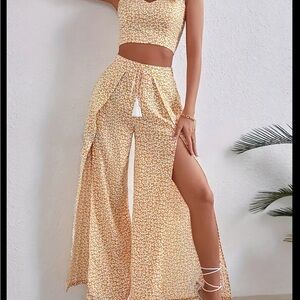 Floral Two-Piece Set with Slit Pants